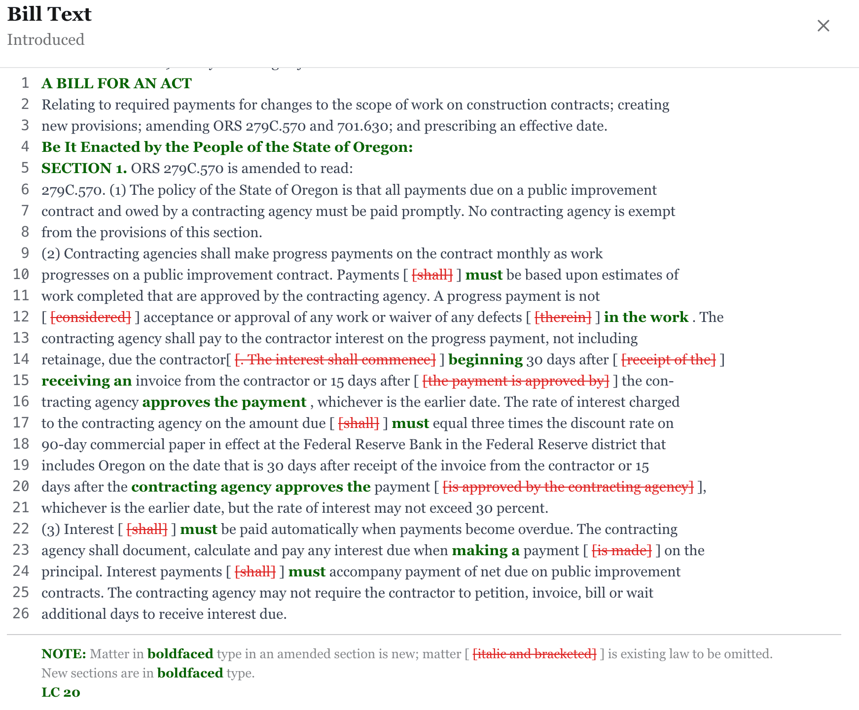 Bill text view with redline showing added and removed language